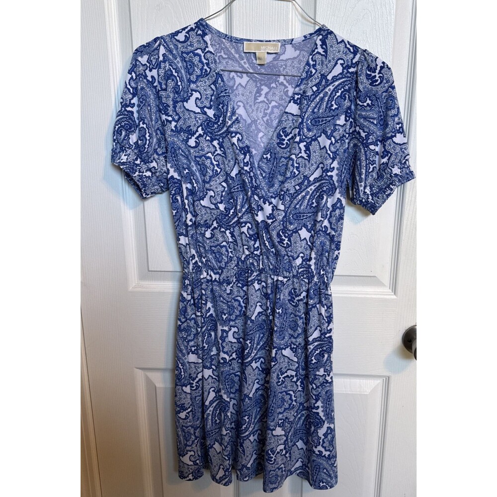 Michael Kors Blue & White Paisley XS Dress Wrap Top Cinched Waist Puff Sleeves